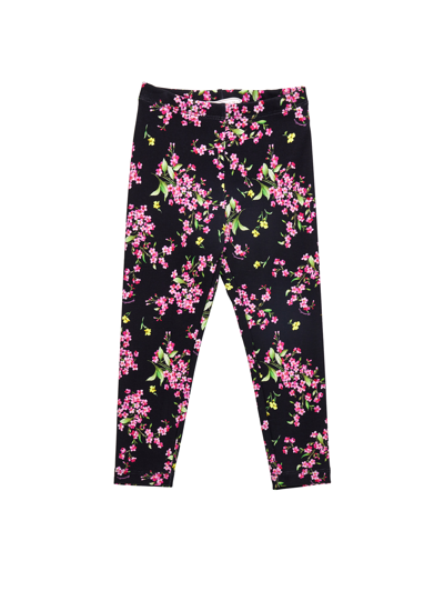 Monnalisa Milano Stitch Leggings With Flowers In Black + Sacket Pink