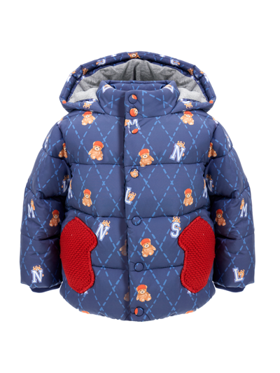 Monnalisa Babies' All-over Teddy-print Hooded Coat In Steel Blue + Cream