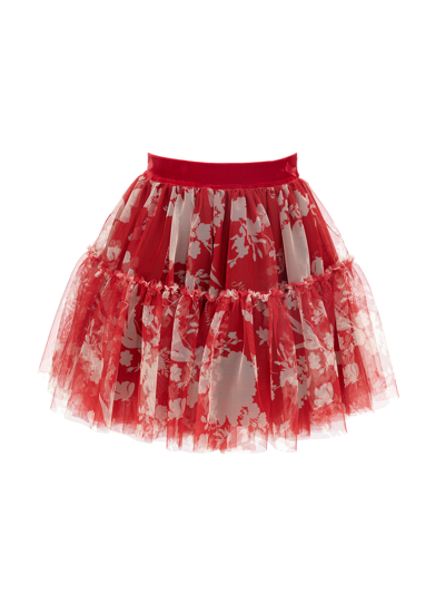 Monnalisa Kids' Floral-print Tutu Skirt In Ruby Red + Ecru