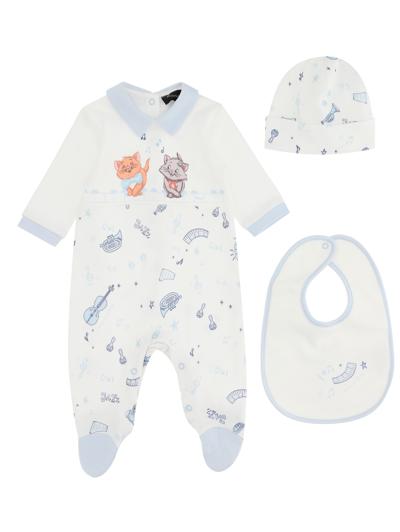 Monnalisa Three-piece Aristocats Newborn Set In Cream White + Sky Blue