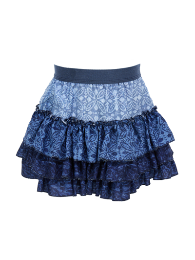 Monnalisa Twill Mini Skirt With Flounces In Vintage Blue