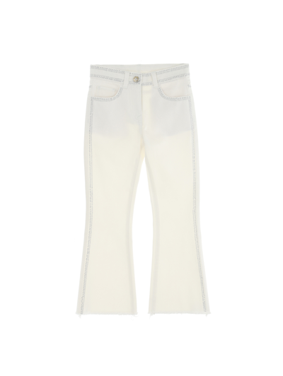 Monnalisa Flared Denim Jeans With Crystals In Cream + Silver