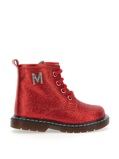 Monnalisa Glitter Lace-up Combat Boots In Glitter Ruby Red