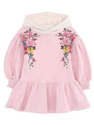 Monnalisa Embroidered Fleece Dress In Dusty Pink + Ecru