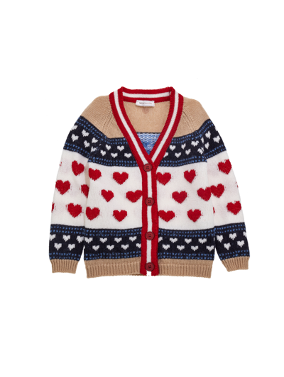 Monnalisa Kids'   Hearts Jacquard Wool Cardigan In Ecru + Navy Blue