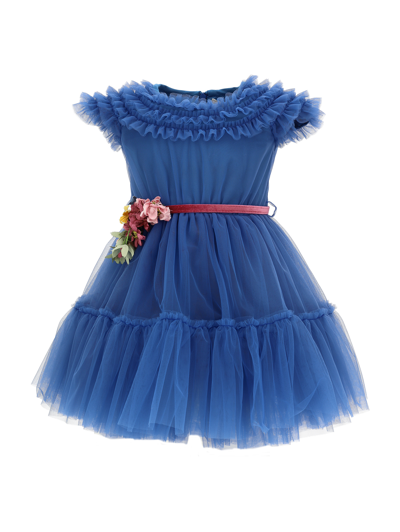 Monnalisa Silk-touch Tulle Dress With Flowered Waist In Steel Blue