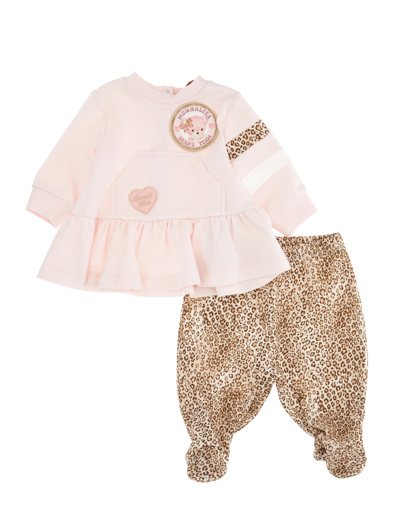 Monnalisa Two-piece Baby Girl Animal Print Set In Pink + Spotted