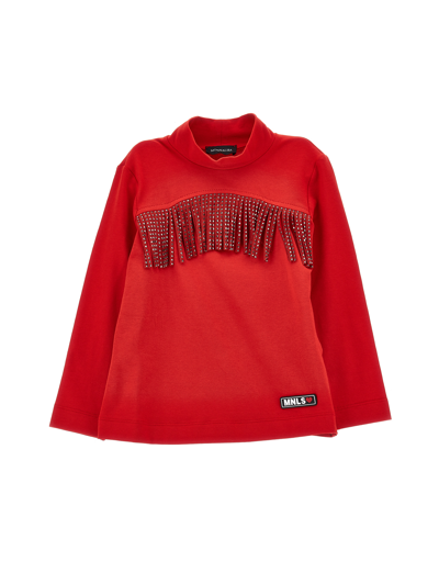 Monnalisa Jersey Turtleneck With Fringes In Ruby Red
