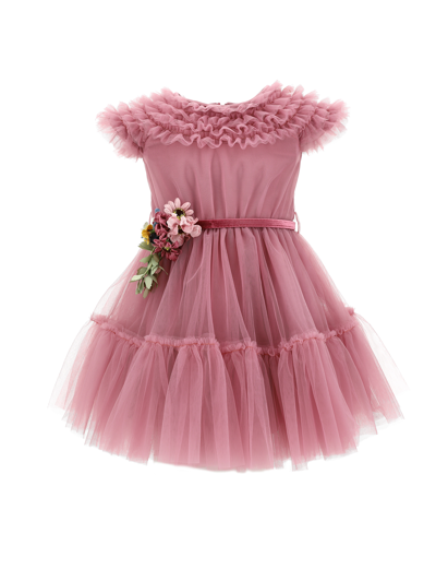 Monnalisa Kids'   Silk-touch Tulle Dress With Flowered Waist In Powder Pink
