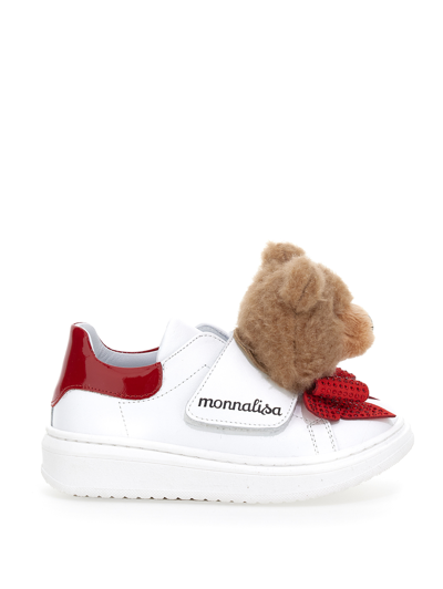 Monnalisa Teddy Bow Nappa Sneakers In Cream + Ruby Red