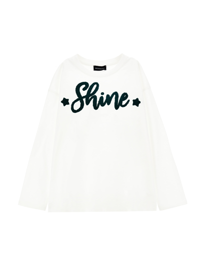Monnalisa Kids'   Long-sleeved Embroidered T-shirt In Cream White + Green
