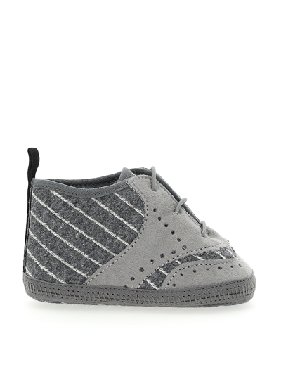 Monnalisa Baby Booties In Pinstripe Fabric In Grey + Cream