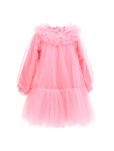 Monnalisa Silk-touch Tulle Dress With Trim In Sachet Pink