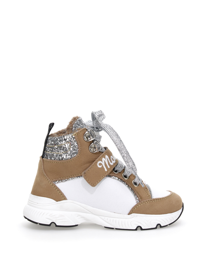 Monnalisa Glitter Nubuck High-top Sneakers In Beige + Silver