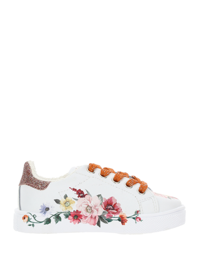 Monnalisa Floral Ramage Leather Sneakers In Cream + Multicolor