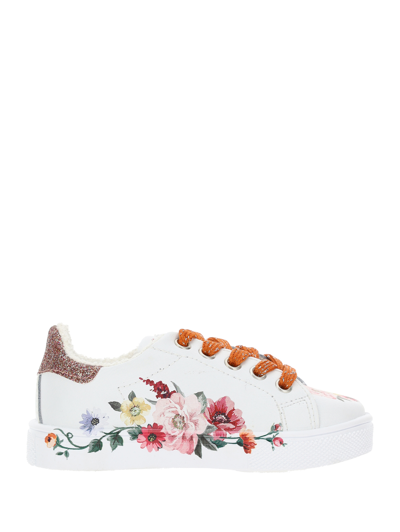 Monnalisa Kids'   Floral Ramage Leather Sneakers In Cream + Multicolor