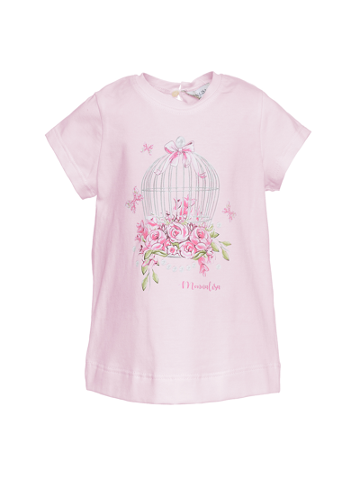 Monnalisa T Shirt With Bird Cage And Flower Print In Rosa Fairy Tale
