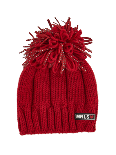 Monnalisa Knitted Hat With Fringes And Studs In Ruby Red