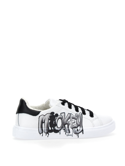Monnalisa Kids'   Bicast Sneakers With Mickey Mouse Graffiti In Cream + Black