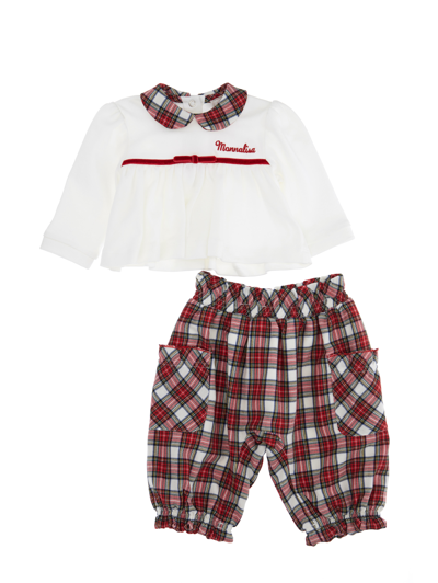 Monnalisa Two-piece Baby Girl Tartan Set In Cream + Ruby Red