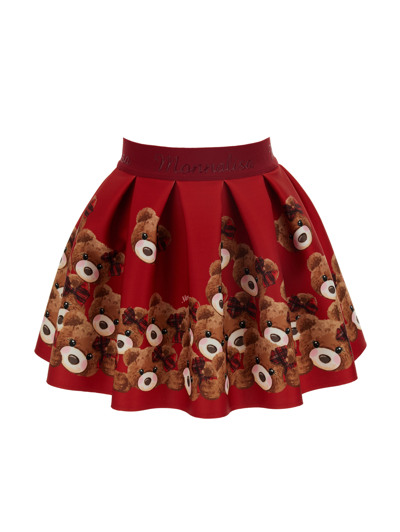 Monnalisa Neoprene Skirt With Printed Teddy Bears In Ruby Red
