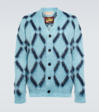 Marni Intarsia Mohair-blend Cardigan In Lake