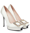 Roger Vivier Flower Strass Satin Platform Pumps In Panna