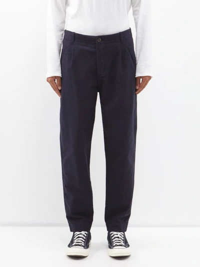 Folk Assembly Tapered Brushed-cotton Chino Trousers In Blue