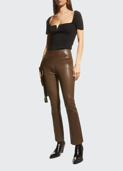 Sprwmn High-waist Flare-leg Cropped Leather Leggings In Green