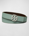 Tory Burch Miller Logo Reversible Belt In Arctic Silver