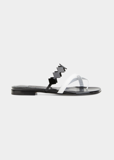 Manolo Blahnik Sulafa Leather Flat Sandals In Whit1012 Blck0015