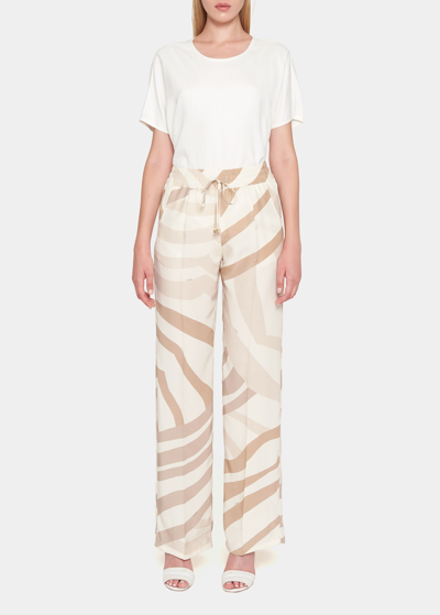 Kiton Abstract-print Drawstring Silk Wide-leg Pants In Lt Brwn Mult