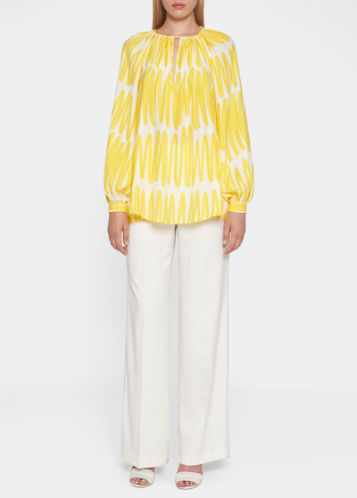 Kiton Scribble-print Keyhole Silk Blouse In Yellow