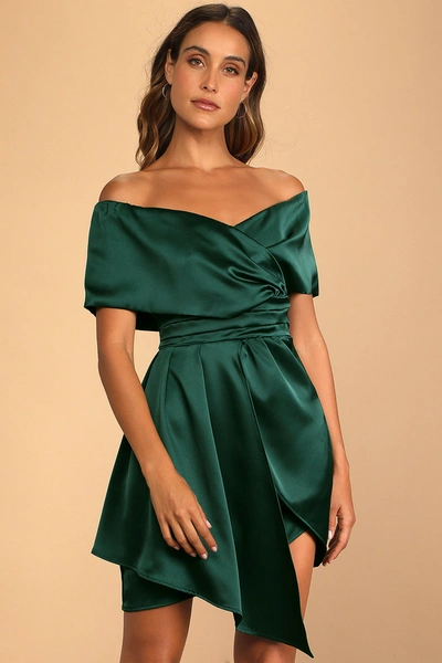 Lulus Always Celebrating Dark Green Satin Off-the-shoulder Mini Dress