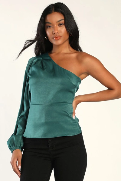 Lulus Meet Me At Happy Hour Teal Satin One-shoulder Long Sleeve Top