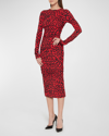 Dolce & Gabbana Leopard Print Ruched Midi Dress In Bright Red