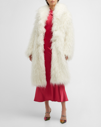 Becagli White Fur Effect Long Coat In Mohair Beacagli Woman In Crema
