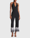 Halston Kaitlyn Halter Feather-cuff Crepe Jumpsuit In Black