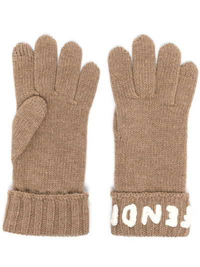 Fendi Brown Logo Wool Gloves In Neutrals