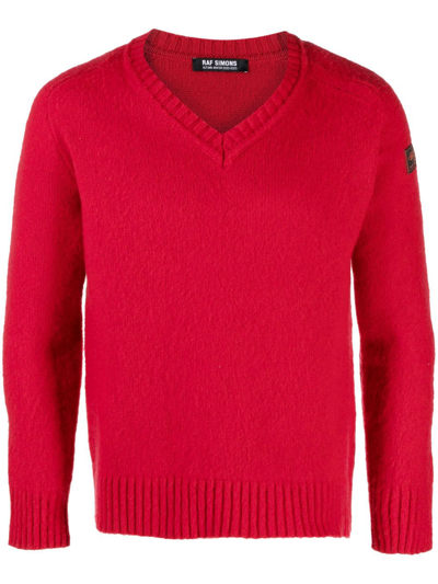 Raf Simons V-neck Knitted Jumper In Red