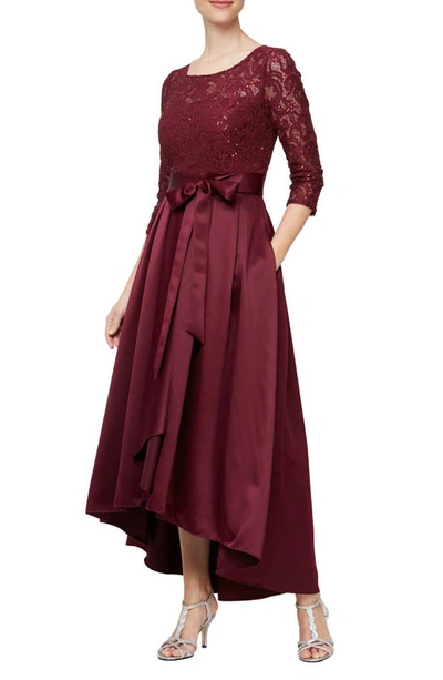 Alex Evenings Sequin Lace High-low Cocktail Dress In Wine
