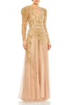 Mac Duggal Beaded Illusion Puff Sleeve Gown In Nude Gold