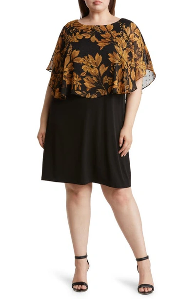 Connected Apparel Floral Cape Overlay Sheath Dress In Mustard