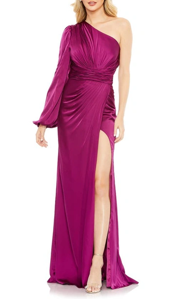 Ieena For Mac Duggal One-shoulder Ruched Gown In Fuchsia