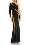 MAC DUGGAL CUTOUT ILLUSION MESH ONE-SHOULDER JERSEY TRUMPET GOWN