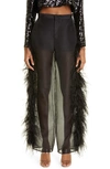 LAPOINTE OSTRICH FEATHER TRIM SILK ORGANZA TROUSERS