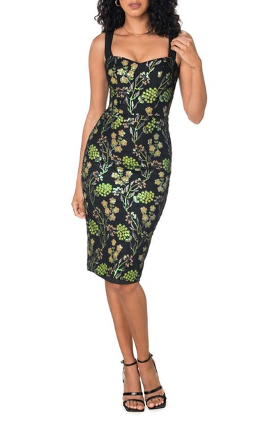 Dress The Population Nicole Floral Sequin Sweetheart Midi Dress In Green