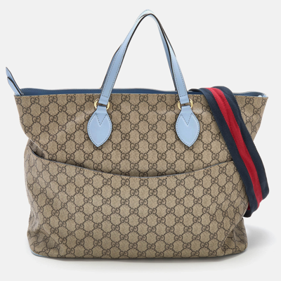 Pre-owned Gucci Beige/blue Gg Supreme Canvas And Leather Diaper Bag