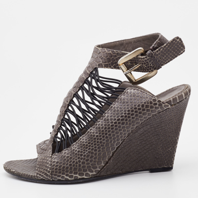 Pre-owned Givenchy Grey Python Embossed Leather Wedge Ankle Strap Sandals Size 37.5
