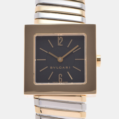 Pre-owned Bvlgari Black 18k Yellow Gold And Stainless Steel Quadrato Tubogas Quartz Women's Wristwatch 22 Mm